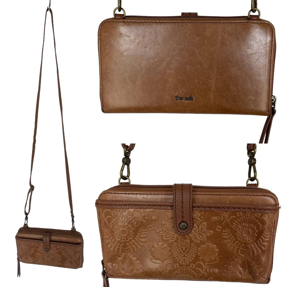 The Sak Brown 3 in 1 Leather Crossbody Bag Wristlet Wallet Embossed Womens Purse